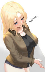 Rule 34 | 1girl, black tank top, blonde hair, blue eyes, blush, breasts, brown jacket, check translation, commentary request, cowboy shot, denim, denim shorts, girls und panzer, highres, jacket, kay (girls und panzer), large breasts, long hair, long sleeves, looking at viewer, mamaa (maeni6379), open clothes, shorts, simple background, smile, solo, tank top, translation request, white background