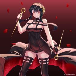Rule 34 | 1girl, artist name, bare shoulders, black choker, black dress, black gloves, black hair, black thighhighs, blurry, blush, breasts, choker, cleavage, closed mouth, covered navel, dagger, depth of field, dress, dual wielding, falling petals, floating hair, floral print, flower, gloves, gluteal fold, gold hairband, gradient background, hair flower, hair ornament, hairband, highres, holding, holding dagger, holding knife, holding weapon, knife, large breasts, long hair, looking at viewer, nail polish, petals, red background, red eyes, red nails, reverse grip, rose, rose print, seraphim throne, sidelocks, skindentation, solo, spikes, spy x family, stiletto (weapon), taut clothes, taut dress, thighhighs, thighs, two-sided dress, two-sided fabric, weapon, yor briar