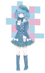 Rule 34 | 1girl, absurdres, alternate costume, aqua eyes, bag, blue eyes, blue footwear, blue hair, boots, coat, collar, cross-laced footwear, dress, frilled collar, frilled shirt collar, frilled skirt, frills, full body, gradient hair, green hair, hair bobbles, hair ornament, hat, highres, kawashiro nitori, key, kyun (vacaloid), lace-up boots, long sleeves, looking at viewer, matching hair/eyes, multicolored hair, notebook, pleated skirt, ribbon, school bag, short hair, skirt, solo, tassel, touhou, twintails, two side up