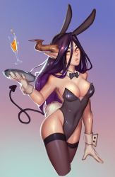 Rule 34 | 1girl, animal ears, black leotard, black tail, black thighhighs, borrowed character, bow, bowtie, breasts, champagne flute, cleavage, commentary, covered navel, cropped legs, cup, demon girl, demon tail, detached collar, drinking glass, english commentary, fake animal ears, gloves, hair between eyes, highres, horns, leotard, lokii, long hair, long pointy ears, long tail, medium breasts, multiple tails, nose, original, pink lips, playboy bunny, pointy ears, purple hair, rabbit ears, rabbit tail, see-through, see-through legwear, single horn, solo, tail, thighhighs, tray, vero (raichiyo33), white gloves, wrist cuffs, yellow eyes
