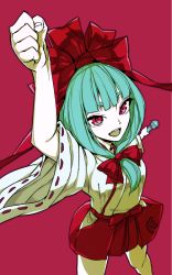 Rule 34 | 1girl, alternate costume, fist pump, green hair, hair ribbon, japanese clothes, kagiyama hina, microphone, miko, open mouth, red background, red eyes, ribbon, solo, thupoppo, touhou, wide sleeves