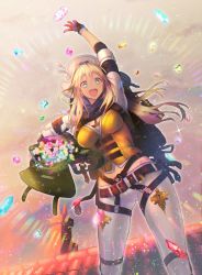 Rule 34 | 1girl, bag, blonde hair, breasts, cleavage, fierica (force of will), force of will, gem, gloves, green eyes, hat, highres, long hair, looking at viewer, medium breasts, official art, open mouth, scarf, smile, solo, sparkle, standing, teeth, upper body