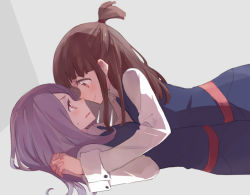 Rule 34 | 10s, 2girls, blush, brown eyes, brown hair, dress, face-to-face, from side, hair tie, holding hands, interlocked fingers, kagari atsuko, little witch academia, long hair, long sleeves, multiple girls, one side up, open mouth, purple hair, red eyes, school uniform, smile, sou (tuhut), sucy manbavaran, sweat, topknot, yuri