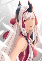 Rule 34 | 1girl, armor, cleavage cutout, clothing cutout, fate/grand order, fate (series), feathers, from side, highres, kiichi hougen (fate), long hair, looking at viewer, orange eyes, pointy ears, red armor, smile, tsukky, twitter username, very long hair, white hair