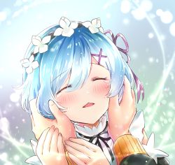 Rule 34 | 10s, 1boy, 1girl, bad id, bad pixiv id, blue hair, blush, closed eyes, commentary request, facing viewer, fingernails, hair between eyes, hair ornament, hair ribbon, hairclip, hands on another&#039;s face, hands up, long sleeves, melings (aot2846), natsuki subaru, out of frame, parted lips, purple ribbon, re:zero kara hajimeru isekai seikatsu, rem (re:zero), ribbon, round teeth, solo focus, tears, teeth, upper teeth only, x hair ornament