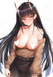 Rule 34 | 1girl, absurdres, ajifurai, aran sweater, azur lane, bare shoulders, belfast (azur lane), belfast (azur lane) (cosplay), belfast (shopping with the head maid) (azur lane), black hair, black skirt, blush, breasts, breasts out, brown sweater, cable knit, censored, cleavage, closed mouth, collarbone, commentary request, cosplay, food, hair ornament, hairclip, head tilt, heart, heart censor, highres, horns, large breasts, long hair, long sleeves, looking at viewer, nose blush, noshiro (azur lane), off-shoulder sweater, off shoulder, oni horns, pencil skirt, purple eyes, see-through, sidelocks, skirt, solo, standing, sweater, translated, very long hair, x hair ornament