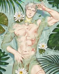 Rule 34 | 1boy, abs, artist name, biceps, commission, flower, highres, jouvru, looking at viewer, lotus, male focus, muscular, muscular male, navel, nipples, no pants, original, pectorals, plant, scar, scar on arm, scar on chest, scar on stomach, solo, topless male, water, wetland, white hair, yellow eyes