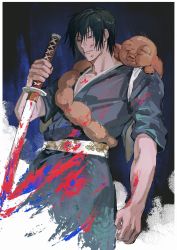 Rule 34 | 1boy, amk (amkgkd), black hair, blood, blood on clothes, blood on face, bloody weapon, blue background, blue blood, blue eyes, closed mouth, colored blood, cowboy shot, creature, expressionless, floral print, fushiguro touji, grey kimono, hair between eyes, highres, holding, holding weapon, japanese clothes, jujutsu kaisen, kimono, looking to the side, male focus, obi, open mouth, reverse grip, sash, scar, scar on face, short hair, short sleeves, solo, weapon