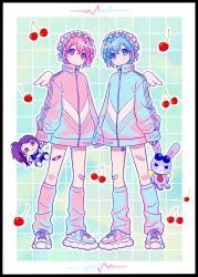 Rule 34 | 1boy, 1girl, alternate costume, bandaid, bandaid on leg, blue background, blue eyes, blue hair, blue jacket, border, braid, brother and sister, character doll, cherry, closed mouth, commentary, crossdressing, dorothy west, english commentary, food, frilled hairband, frills, fruit, full body, hairband, highres, holding, holding hands, holding stuffed toy, jacket, leg warmers, long sleeves, looking at viewer, mendamen, mole, mole under eye, no pants, outline, pink eyes, pink hair, pink jacket, pink ribbon, pretty series, pripara, reona west, ribbon, shoes, short hair, siblings, side braid, sneakers, standing, stuffed animal, stuffed rabbit, stuffed toy, symmetrical pose, toudou shion, trap, twins, usagi (pripara), white border, white outline, white wings, wings