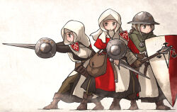 Rule 34 | 3girls, armor, bag, balance scale print, belt, boots, brown hair, buckler, flanged mace, full body, gambeson, gloves, habit, helmet, highres, holding, holding weapon, ironlily, jewelry, kettle helm, medieval, multiple girls, ordo mediare sisters (ironlily), pendant, pouch, sheath, shield, standing, sword, weapon