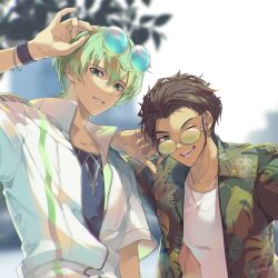 Rule 34 | 2boys, arm on another&#039;s shoulder, arm up, black hair, black shirt, byleth (fire emblem), byleth (male) (fire emblem), claude von riegan, collarbone, earrings, eyewear on head, fire emblem, fire emblem: three houses, glasses, green eyes, green hair, green shirt, hawaiian shirt, highres, jacket, jewelry, looking at viewer, male focus, multiple boys, necklace, nintendo, one eye closed, open mouth, round eyewear, shiroi (shiroicbe), shirt, short hair, single earring, smile, teeth, upper body, v-shaped eyebrows, white background, white jacket, white shirt, wristband