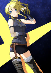 Rule 34 | 10s, 1girl, arm strap, ayase eli, bad id, bad pixiv id, bare shoulders, belt, black footwear, blonde hair, blue eyes, boots, fingerless gloves, gloves, love live!, love live! school idol festival, love live! school idol project, ponytail, ribbed sweater, shorts, solo, sweater, thigh boots, thighhighs, yomo tsuka