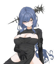 Rule 34 | 1girl, arcana (reverse:1999), black dress, black gloves, black panties, blue hair, blush, breasts, brown eyes, cleavage, closed mouth, covered navel, dress, elbow gloves, gloves, hair between eyes, hand on own stomach, highres, justina (sduy5347), large breasts, long hair, looking at viewer, mixed-language commentary, panties, pelvic curtain, reverse:1999, shrug (clothing), simple background, solo, thong, underwear, very long hair, wand, wand in head, white background