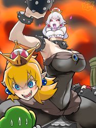 Rule 34 | 1boy, 1girl, :d, armlet, black dress, black sclera, blonde hair, blue eyes, bowsette, bracelet, breasts, brooch, cleavage, colored eyelashes, colored sclera, colored skin, disembodied head, dress, earrings, fingernails, highres, jewelry, large breasts, long tongue, luigi, luigi&#039;s mansion, mario (series), nagano (northern nine states), new super mario bros. u deluxe, nintendo, open mouth, pointy ears, princess king boo, red eyes, sharp fingernails, sharp teeth, smile, spiked bracelet, spikes, spoilers, strapless, strapless dress, super crown, sweatdrop, teeth, tongue, tongue out, white hair, white skin