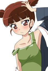 Rule 34 | 1girl, alternate costume, arm up, armpits, blue jacket, blunt bangs, blush, closed mouth, commentary, frown, girls und panzer, green shirt, hand on own head, highres, jacket, long sleeves, looking at viewer, mikko (girls und panzer), military, military uniform, off shoulder, ooarai military uniform, open clothes, open jacket, red eyes, red hair, shirt, short hair, short twintails, simple background, solo, strap slip, tank top, twintails, uniform, upper body, wakku kan, white background