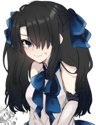Rule 34 | 2boys, ?, ??, black hair, blue bow, blue bowtie, blue eyes, blue ribbon, blush, bow, bowtie, breast padding, chibi, closed mouth, crossdressing, dress, elbow gloves, fate/grand order, fate (series), fujimaru ritsuka (male), gloves, hair over one eye, hair ribbon, highres, long hair, looking at viewer, multiple boys, oberon (fate), ribbon, sad smile, simple background, sleeveless, sleeveless dress, smile, solo focus, tearing up, tsugumi (tgm 615486), two side up, upper body, white background, white dress, white gloves