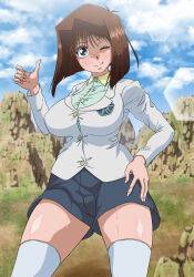 1girl blue_eyes blush bracelet breasts brown_hair curvy day feet_up female_focus hand_on_own_hip highres hitchhiking jewelry large_breasts looking_at_viewer mazaki_anzu one_eye_closed outdoors red_wolf solo standing sweat thick_thighs thighs wink yu-gi-oh! yu-gi-oh!_duel_monsters