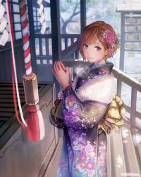 Rule 34 | 1girl, anbe yoshirou, blurry, box, braid, breath, brown hair, depth of field, donation box, ema, floral print, flower, fur, fur trim, furisode, hair flower, hair ornament, hair stick, highres, japanese clothes, kikumon, kimono, kouhaku nawa, looking at viewer, looking to the side, new year, original, outdoors, own hands clasped, own hands together, parted bangs, parted lips, print kimono, purple eyes, railing, rope, sash, shide, shimenawa, shinma x keishou! ragnabreak, short hair, shrine, shrine bell, smile, snow, solo, tassel, traditional clothes, tree, watermark, winter