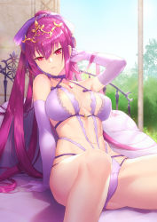 Rule 34 | 1girl, arm support, arm up, bra, breasts, circlet, elbow gloves, fate/grand order, fate (series), glint, gloves, hand in own hair, highres, indoors, jewelry, large breasts, leaning back, lingerie, long hair, multi-strapped panties, navel, necklace, on bed, onigiri-kun (demmy), panties, pendant, pink eyes, pink hair, ponytail, purple bra, purple gloves, purple panties, scathach (fate), scathach skadi (fate), sidelocks, sitting, solo, underwear, underwear only, very long hair