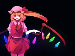 Rule 34 | 1girl, bad id, bad pixiv id, bonnet, female focus, flandre scarlet, hat, hijiri (resetter), hiz (pixiv), mob cap, open mouth, orange hair, pale skin, red eyes, side ponytail, simple background, smile, solo, standing, touhou, wings