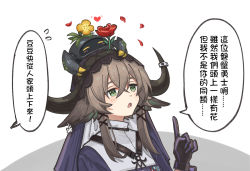 Rule 34 | 1girl, arknights, black gloves, blush, brown hair, flower, flower on head, flying sweatdrops, gloves, green eyes, green hair, grey background, hair between eyes, hand up, horns, index finger raised, jacket, mabing, multicolored hair, on head, open mouth, pallas (arknights), petals, purple jacket, red flower, red rose, rose, streaked hair, translation request, two-tone background, upper body, veil, white background, yellow flower