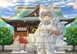 Rule 34 | 1girl, animal ear fluff, animal ears, blue sky, breasts, character request, closed mouth, cloud, cloudy sky, commentary request, commission, day, food, green eyes, grey hair, hair between eyes, hakama, hakama short skirt, hakama skirt, holding, japanese clothes, kemono friends, kimono, long hair, long sleeves, medium breasts, multiple tails, obi, outdoors, pantyhose, ribbon-trimmed sleeves, ribbon trim, sash, skirt, sky, sleeves past wrists, smile, solo, statue, tail, tree, two tails, villyane, watermark, web address, white hakama, white kimono, white pantyhose, wide sleeves