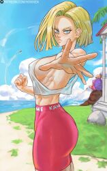 Rule 34 | 1girl, 2boys, android 18, beach, blonde hair, blue eyes, blue sky, breasts, clenched hand, dragon ball, dragonball z, earrings, highres, howxen, jewelry, large breasts, looking at viewer, multiple boys, muscular, muscular female, muten roushi, old, old man, open hand, short hair, shorts, sideboob, signature, sky, son goku, toned