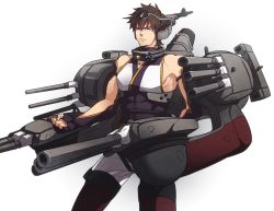 Rule 34 | 1boy, brown hair, cosplay, cross, fate/zero, fate (series), gun, kantai collection, kotomine kirei, male focus, nagato (kancolle), nagato (kancolle) (cosplay), parody, simple background, solo, weapon, white background, zihad