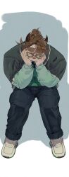 Rule 34 | 1boy, animal ears, braid, brown fur, brown hair, brown horns, catoblepas (housamo), covering face, crown braid, denim, full body, furry, furry male, gao (gao 53937056), glasses, green jacket, green shirt, hand on own face, high ponytail, highres, horns, huge eyebrows, hunched over, jacket, jeans, long hair, male focus, muscular, muscular male, open clothes, open jacket, open mouth, pants, shirt, shoes, simple background, sitting, sneakers, solo, swept bangs, tokyo houkago summoners, white background, white footwear