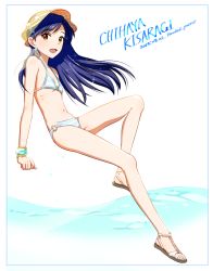 Rule 34 | 1girl, :d, artist name, bare arms, bare legs, bare shoulders, bikini, blue border, blue hair, border, bracelet, brown eyes, character name, collarbone, dated, earrings, flat chest, full body, h p, hat, idolmaster, idolmaster (classic), invisible chair, jewelry, kisaragi chihaya, knee up, long hair, looking at viewer, looking to the side, navel, o-ring, o-ring bottom, open mouth, sandals, simple background, sitting, smile, solo, sparkle, starfish earrings, stomach, striped bikini, striped clothes, sun hat, swimsuit, toes, water, white background, white footwear, yellow hat