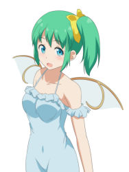 Rule 34 | 1girl, alternate costume, anime coloring, arm garter, arms at sides, bare shoulders, blue dress, blue eyes, blush, breasts, cato (monocatienus), collarbone, commentary request, daiyousei, dress, fairy wings, green hair, hair ribbon, looking at viewer, medium breasts, open mouth, ribbon, short hair, side ponytail, simple background, solo, spaghetti strap, standing, sundress, touhou, upper body, white background, wings