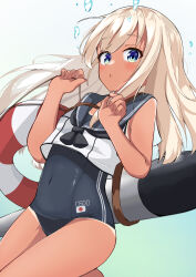 Rule 34 | 1girl, absurdres, bare arms, bare legs, black one-piece swimsuit, black sailor collar, blonde hair, blue eyes, blush, covered navel, highres, innertube, kantai collection, long hair, one-piece swimsuit, osmium-76, parted lips, ro-500 (kancolle), sailor collar, sailor shirt, school swimsuit, shirt, sleeveless, sleeveless shirt, solo, swim ring, swimsuit, swimsuit under clothes, tan, torpedo, white shirt
