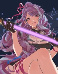 Rule 34 | 1girl, aoi rokushou, black bow, black jacket, blue background, blue hair, bow, breasts, crossed legs, hair ribbon, highres, holding, jacket, light stick, looking at viewer, macross, macross delta, medium breasts, mikumo guynemer, multicolored hair, parted lips, pink ribbon, purple eyes, purple hair, ribbon, shirt, sitting, smile, solo, streaked hair, thigh strap, twitter username, white shirt