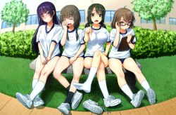 Rule 34 | 4girls, adjusting eyewear, bench, black legwear, blunt bangs, braid, brown eyes, brown hair, bush, chestnut mouth, clipboard, closed eyes, clothes pull, covering privates, covering crotch, crossed legs, crying, d:, day, dokidoki yandemic, feet, glasses, grass, gym uniform, hair ornament, long hair, multiple girls, open mouth, outdoors, pen, pointing, purple eyes, purple hair, shirt pull, shoes, unworn shoes, single shoe, sitting, sneakers, socks, swept bangs, tears, twintails, white legwear, x hair ornament, yawning, zenzai, zenzai (zenzaio72)