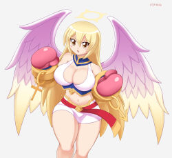 Rule 34 | 1girl, angel, angel wings, blonde hair, boxing gloves, breasts, brown eyes, character name, cleavage, halterneck, large breasts, long hair, looking at viewer, open mouth, pachikar, skirt, solo, toushin toshi, toushin toshi girls gift, toushin toshi ii, white skirt, wings, yama (mahohon)