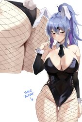 Rule 34 | 1girl, absurdres, animal ears, animeattics, arrow (symbol), ass, bare shoulders, black eyes, black leotard, black necktie, blue hair, breasts, cleavage, closed mouth, commentary, detached collar, detached sleeves, english commentary, english text, fake animal ears, fake tail, fishnet pantyhose, fishnets, hair between eyes, hand up, high ponytail, highres, large breasts, leotard, long hair, long sleeves, multiple views, necktie, original, pantyhose, playboy bunny, rabbit ears, rabbit tail, saki (the atko), simple background, tail, thigh gap, white background