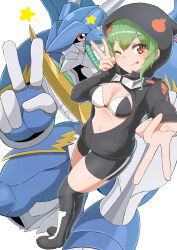 Rule 34 | 1girl, absurdres, armor, bike shorts, bikini, bikini top only, black bikini, black footwear, black jacket, black shorts, black socks, blue armor, boots, breasts, cleavage, commentary, digimon, digimon (creature), digimon world re:digitize, double vertical stripe, dragon, full body, goggles, goggles around neck, green hair, gyaru v, hair between eyes, hair ornament, highres, hood, hood up, hooded jacket, jacket, knee boots, long sleeves, looking at viewer, medium breasts, navel, one eye closed, orange eyes, over-kneehighs, partially unzipped, red eyes, shinomiya rina, short hair, short hair with long locks, shorts, sidelocks, simple background, smile, socks, squatting, standing, star (symbol), swimsuit, thighhighs, tongue, tongue out, two-tone bikini, ulforcev-dramon, v, white background, white bikini, x hair ornament, yamamoto zetta