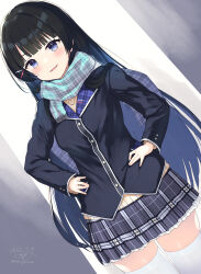 Rule 34 | 1girl, absurdres, black hair, black jacket, blazer, blue eyes, blunt bangs, breasts, brown sweater, commentary request, cowboy shot, dutch angle, frilled skirt, frills, fringe trim, grey scarf, grey skirt, hair ornament, hairclip, hands on own hips, highres, jacket, long hair, long sleeves, looking at viewer, medium breasts, nijisanji, ochinsama, parted lips, plaid, plaid scarf, plaid skirt, pleated skirt, scarf, signature, skirt, smile, solo, sweater, thighhighs, tsukino mito, tsukino mito (1st costume), twitter username, very long hair, virtual youtuber, white thighhighs, zettai ryouiki