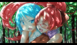 Rule 34 | 10s, 2girls, ;d, annoyed, bespectacled, blue eyes, blue hair, bow, casual, fang, forest, glasses, hair bow, hug, hug from behind, letterboxed, long hair, mahou shoujo madoka magica, mahou shoujo madoka magica (anime), miki sayaka, multiple girls, nature, one eye closed, open mouth, ponytail, red eyes, red hair, sakura kyoko, shade, short hair, smile, tree, wink, xxxx
