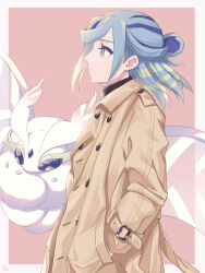 Rule 34 | 1boy, alternate costume, blue hair, border, brown coat, buttons, closed mouth, coat, commentary request, creatures (company), eyelashes, from side, frosmoth, game freak, gen 8 pokemon, grusha (pokemon), hair bun, hand in pocket, highres, long hair, long sleeves, male focus, min (myna8247), nintendo, pink background, pokemon, pokemon (creature), pokemon sv, sweater, white border