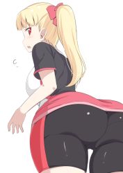 Rule 34 | 1girl, ass, bike shorts, blonde hair, blunt bangs, blush, breasts, from behind, kichihachi, large breasts, long hair, looking at viewer, looking back, open mouth, red eyes, solo, tokyo 7th sisters, twintails, two side up, uesugi u. kyouko