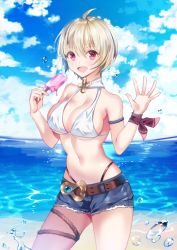 Rule 34 | 1girl, ahoge, bad id, bad pixiv id, beach, bikini, blade &amp; soul, blonde hair, blue sky, blush, breasts, cleavage, day, denim, denim shorts, food, large breasts, looking at viewer, navel, open mouth, pink eyes, popsicle, short hair, short shorts, shorts, sky, smile, solo, swimsuit, water drop, yuja