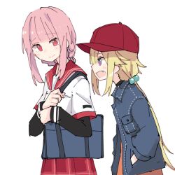 2girls bag baseball_cap black_sleeves blonde_hair blue_jacket fang feet_out_of_frame hands_in_pockets hat jacket kamihama_university_affiliated_school_uniform layered_sleeves leather leather_jacket long_hair long_sleeves low_twintails magia_record:_mahou_shoujo_madoka_magica_gaiden mahou_shoujo_madoka_magica mitsuki_felicia multiple_girls orange_skirt pink_hair plaid_clothes plaid_skirt purple_eyes red_eyes red_skirt sailor_collar school_bag school_uniform serafuku shiroshi_(denpa_eshidan) short_over_long_sleeves short_sleeves skirt smile tamaki_iroha twintails upper_body white_background