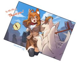 Rule 34 | !, ahoge, animal ears, bag, black legwear, blazer, blue sky, blush, bow, bowtie, brown eyes, brown hair, brown jacket, brown skirt, commentary request, commission, day, dog, fox ears, glasses, hand up, highres, holding, holding leash, jacket, leash, long sleeves, looking at viewer, marika (zeddaru), miniskirt, mullmull02, open mouth, original, outdoors, red-framed eyewear, red bow, red bowtie, school bag, school uniform, shoulder bag, skeb commission, skirt, sky, spoken exclamation mark, tail, tail wagging, thighhighs, wide-eyed