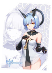 Rule 34 | 1girl, azur lane, black gloves, blue hair, breasts, character name, closed mouth, clothes lift, dress, dress lift, gascogne (azur lane), gauntlets, gloves, hand on own chest, highres, looking at viewer, merong, short hair, small breasts, solo, standing, thighs, underwear, white dress, yellow eyes