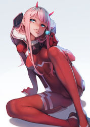 Rule 34 | 10s, 1girl, aqua eyes, ataruman, bodysuit, breasts, cameltoe, candy, covered navel, darling in the franxx, food, full body, half-closed eyes, highres, horns, lollipop, long hair, medium breasts, naughty face, pilot suit, red bodysuit, saliva, saliva trail, sitting, skin tight, solo, swept bangs, tongue, tongue out, very long hair, zero two (darling in the franxx)