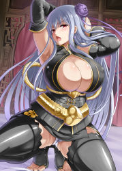 Rule 34 | 1girl, akino hamo, armpits, arms behind head, arms up, bare shoulders, belt, black dress, black legwear, blush, breasts, cleavage cutout, clothing cutout, covered erect nipples, detached sleeves, dress, flower, hair flower, hair ornament, highres, huge breasts, long hair, looking at viewer, military, military uniform, open mouth, panties, red eyes, selvaria bles, senjou no valkyria, senjou no valkyria (series), senjou no valkyria 1, short dress, silver hair, solo, squatting, thighs, toes, underwear, uniform, very long hair, white panties