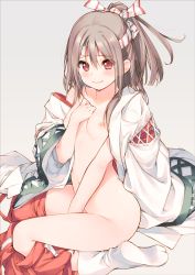 Rule 34 | 10s, 1girl, between legs, blush, breasts, closed mouth, clothes pull, collarbone, from side, full body, grey background, hand between legs, hand on own chest, headband, highres, iku ki, japanese clothes, kantai collection, kimono, long hair, long sleeves, looking at viewer, looking to the side, navel, nipples, nude, open clothes, open kimono, ponytail, red eyes, red skirt, simple background, sitting, skirt, skirt pull, small breasts, smile, socks, soles, solo, stomach, tabi, tareme, wariza, white kimono, white socks, wide sleeves, zuihou (kancolle)