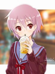 Rule 34 | 1girl, artist name, blue sailor collar, blurry, blurry background, brown cardigan, brown eyes, cardigan, commentary request, cup, disposable cup, drink, drinking, drinking straw, drinking straw in mouth, expressionless, hair between eyes, highres, holding, holding drink, kita high school uniform, letterboxed, long sleeves, looking at viewer, nagato yuki, nanabuluku, open cardigan, open clothes, photo background, purple hair, red ribbon, ribbon, sailor collar, school uniform, serafuku, short hair, solo, suzumiya haruhi no yuuutsu, upper body, watermark