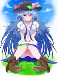 Rule 34 | 1girl, black hat, blue hair, blush, boots, breasts, brown footwear, cloud, cloudy sky, cross-laced footwear, day, dress shirt, food, fruit, full body, hat, highres, hinanawi tenshi, hybrid (1212apro), hybrid (artist), knees together feet apart, knees up, leaf, long hair, looking at viewer, medium breasts, no bra, open clothes, open shirt, panties, pantyshot, peach, rainbow gradient, rainbow order, red eyes, shirt, shoes, short sleeves, sitting, sky, smile, solo, touhou, underwear, v arms, very long hair, white shirt